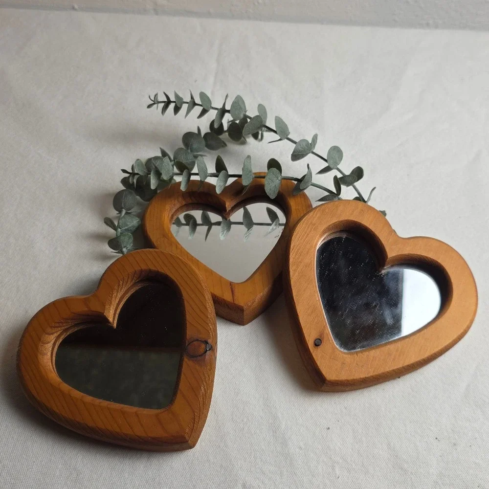 Vintage Set of 3 Heart Shaped Wood Framed Wall Mirrors Rustic Farmhouse Decor
